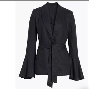Free People Blazer Women's Medium Black Linen Blend Belted Bell Flared Sleeve M
